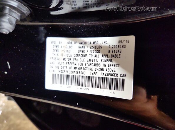 1HGCR2F32HA065083 2017 HONDA ACCORD Black VIN კოდის სტიკერის ხედი