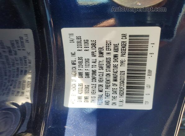 1HGCR2F33GA201526 2016 HONDA ACCORD Blue VIN կոդի պիտակի տեսք