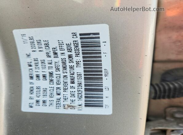 1HGCR2F33HA115067 2017 HONDA ACCORD Золотой Вид наклейки с VIN-кодом
