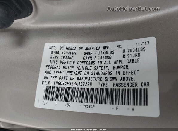1HGCR2F33HA152278 2017 HONDA ACCORD Gold Вид підкапотного простору