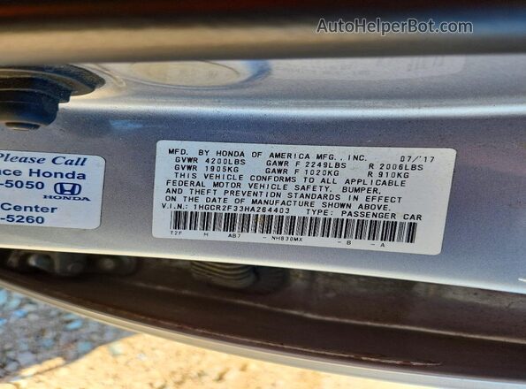 1HGCR2F33HA264403 2017 HONDA ACCORD Silver Շարժիչի բաժամունքի տեսք