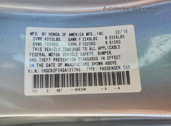 1HGCR2F34GA131745 2016 HONDA ACCORD Silver Vista del compartimento del motor