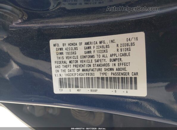 1HGCR2F34GA199060 2016 HONDA ACCORD Blue Շարժիչի բաժամունքի տեսք