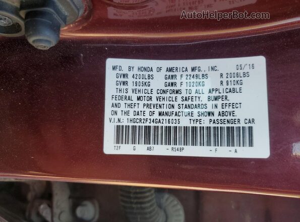 1HGCR2F34GA216035 2016 HONDA ACCORD Maroon Widok naklejki z numerem VIN
