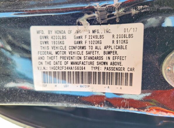 1HGCR2F34HA156064 2017 HONDA ACCORD Black Вид підкапотного простору
