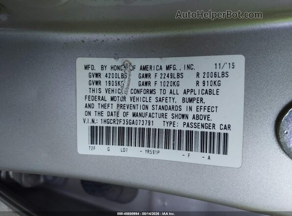 1HGCR2F35GA073791 2016 HONDA ACCORD Beige Engine compartment view