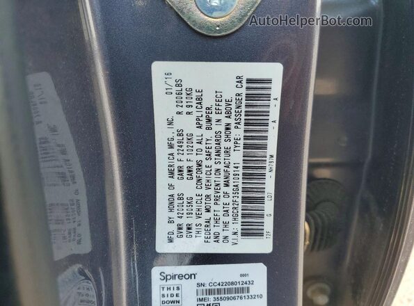 1HGCR2F35GA109141 2016 HONDA ACCORD Серый Вид подкапотного пространства