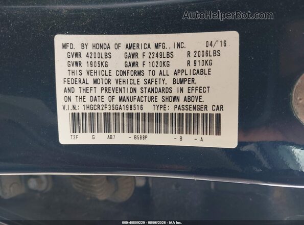 1HGCR2F35GA198516 2016 HONDA ACCORD Синий Вид подкапотного пространства