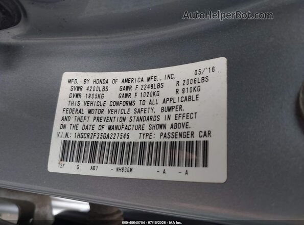 1HGCR2F35GA227545 2016 HONDA ACCORD Silver Engine compartment view