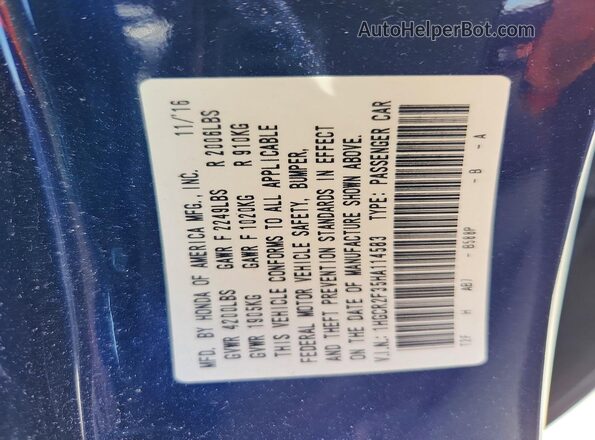 1HGCR2F35HA114583 2017 HONDA ACCORD Blue VIN კოდის სტიკერის ხედი