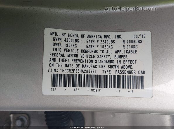 1HGCR2F35HA200993 2017 HONDA ACCORD Beige ძრავის განყოფილების ხედი