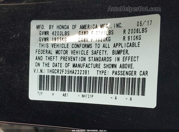 1HGCR2F35HA232391 2017 HONDA ACCORD Black Widok komory silnika
