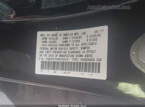 1HGCR2F35HA250518 2017 HONDA ACCORD Black Vista del compartimento del motor