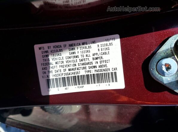 1HGCR2F36GA046597 2016 HONDA ACCORD Бордовый Вид подкапотного пространства