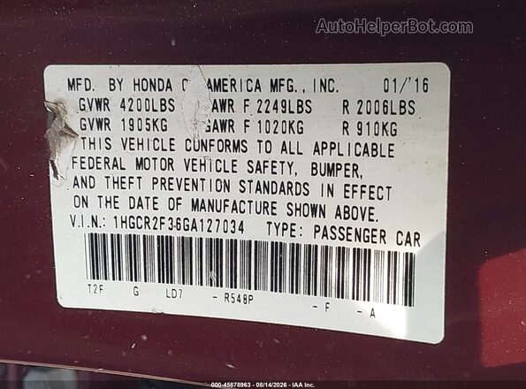 1HGCR2F36GA127034 2016 HONDA ACCORD Red Вид підкапотного простору