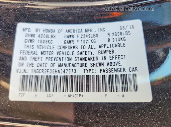 1HGCR2F36HA047573 2017 HONDA ACCORD Black Вид підкапотного простору