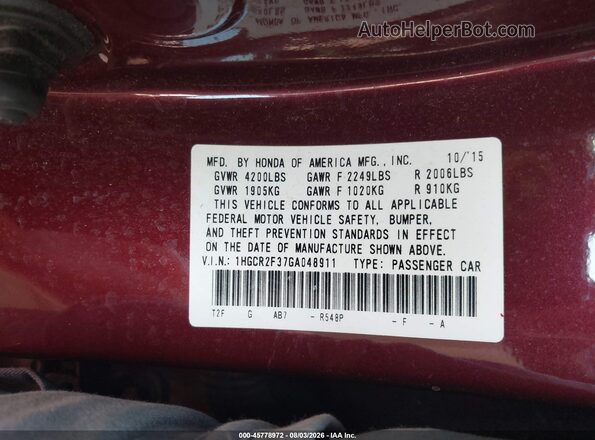 1HGCR2F37GA048911 2016 HONDA ACCORD Red Engine compartment view