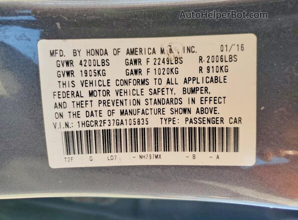 1HGCR2F37GA105835 2016 HONDA ACCORD Gray ძრავის განყოფილების ხედი