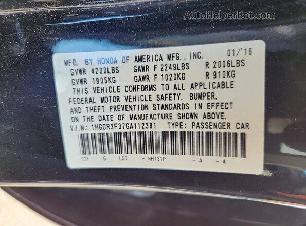 1HGCR2F37GA112381 2016 HONDA ACCORD Черный Вид наклейки с VIN-кодом