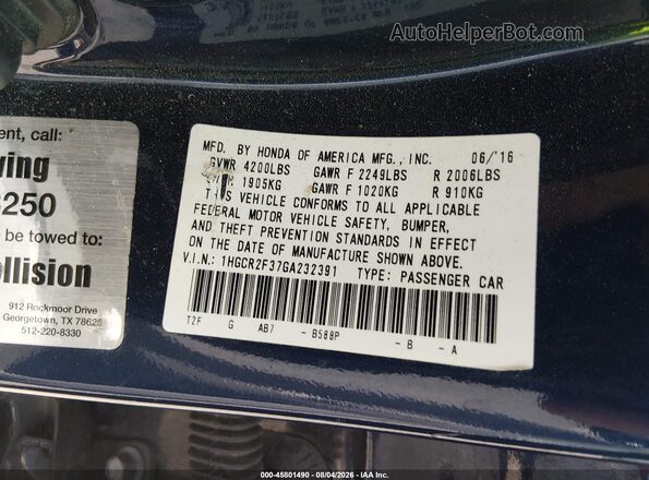 1HGCR2F37GA232391 2016 HONDA ACCORD Blue Widok komory silnika