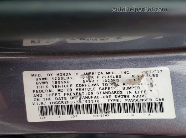 1HGCR2F37HA163378 2017 HONDA ACCORD Gray VIN კოდის სტიკერის ხედი