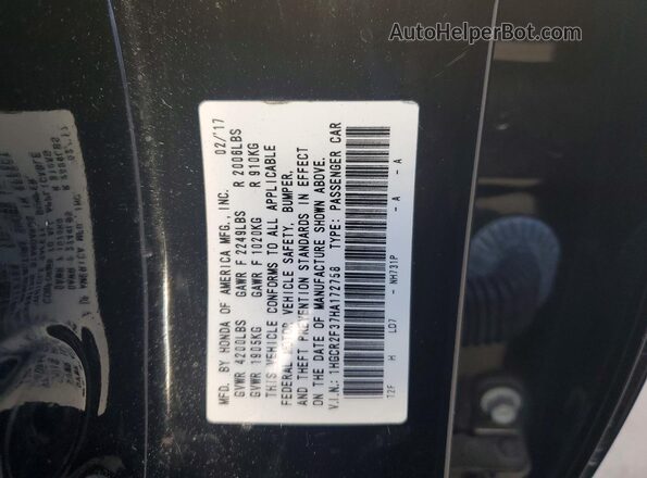 1HGCR2F37HA172758 2017 HONDA ACCORD Черный Вид подкапотного пространства