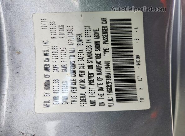 1HGCR2F38HA119440 2017 HONDA ACCORD Silver VIN კოდის სტიკერის ხედი