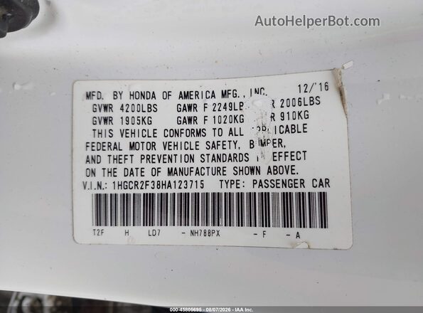 1HGCR2F38HA123715 2017 HONDA ACCORD White Շարժիչի բաժամունքի տեսք