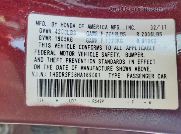 1HGCR2F38HA169061 2017 HONDA ACCORD Burgundy Vista de la etiqueta del VIN
