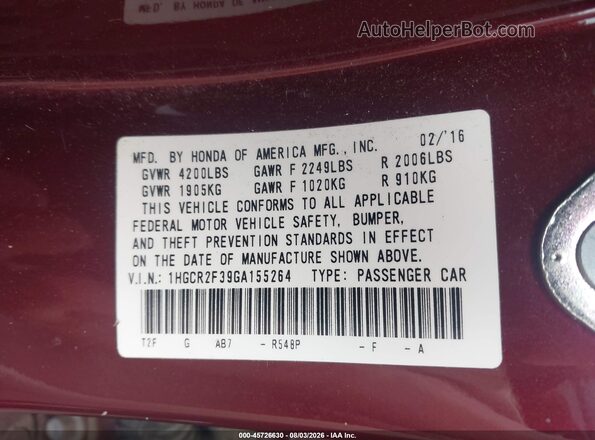 1HGCR2F39GA155264 2016 HONDA ACCORD Burgundy Engine compartment view