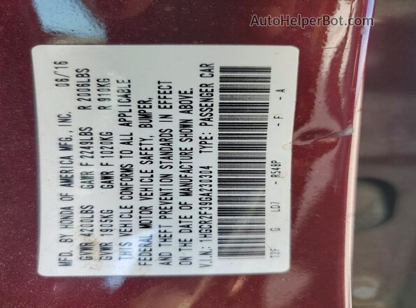 1HGCR2F39GA230304 2016 HONDA ACCORD Burgundy Vista del compartimento del motor