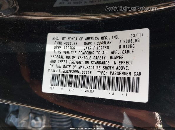 1HGCR2F39HA180618 2017 HONDA ACCORD Black Вид задніх сидінь