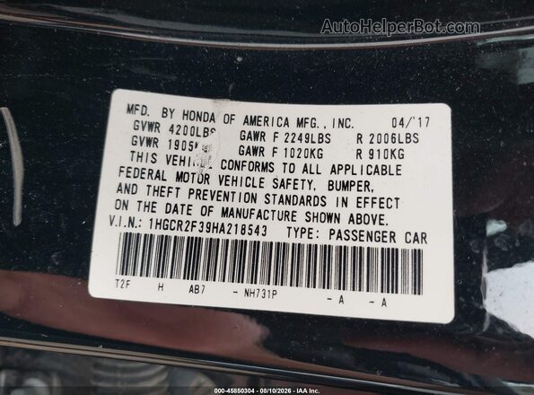 1HGCR2F39HA218543 2017 HONDA ACCORD Black Вид підкапотного простору