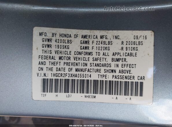 1HGCR2F3XHA055014 2017 HONDA ACCORD Silver Շարժիչի բաժամունքի տեսք