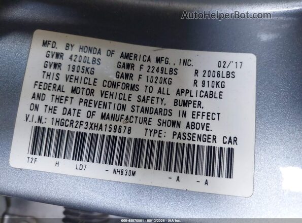 1HGCR2F3XHA159678 2017 HONDA ACCORD Silver Vista del compartimento del motor