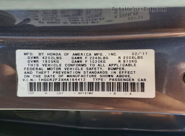 1HGCR2F3XHA164413 2017 HONDA ACCORD Gray VIN կոդի պիտակի տեսք