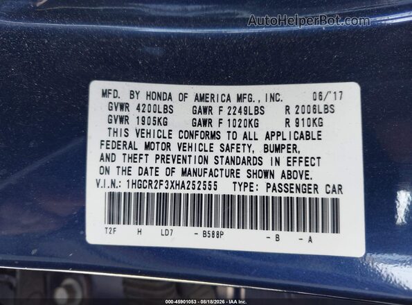 1HGCR2F3XHA252555 2017 HONDA ACCORD Blue Вид підкапотного простору