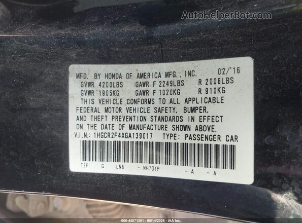 1HGCR2F4XGA139017 2016 HONDA ACCORD Black Engine compartment view