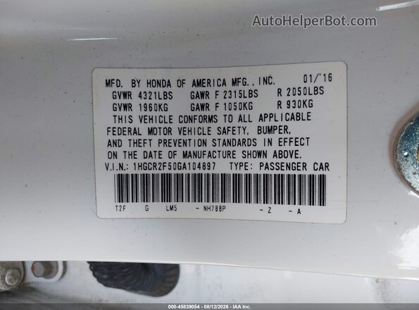 1HGCR2F50GA104897 2016 HONDA ACCORD White Շարժիչի բաժամունքի տեսք