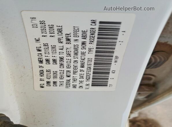 1HGCR2F50GA167093 2016 HONDA ACCORD White VIN კოდის სტიკერის ხედი