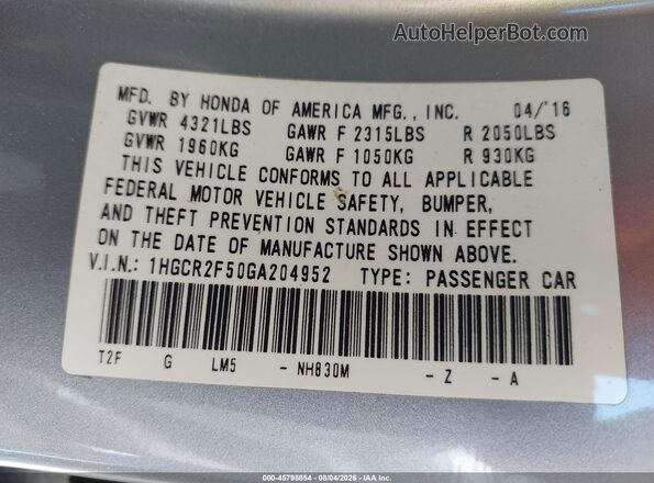 1HGCR2F50GA204952 2016 HONDA ACCORD Silver Engine compartment view