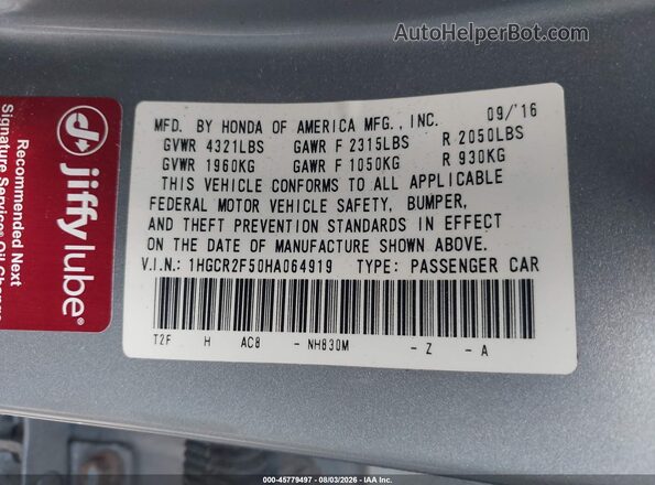 1HGCR2F50HA064919 2017 HONDA ACCORD Серебряный Вид подкапотного пространства