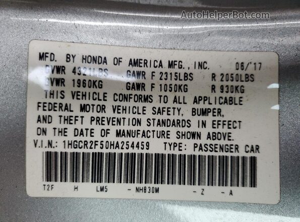 1HGCR2F50HA254459 2017 HONDA ACCORD Silver სალონის 360-გრადუსიანი ხედი