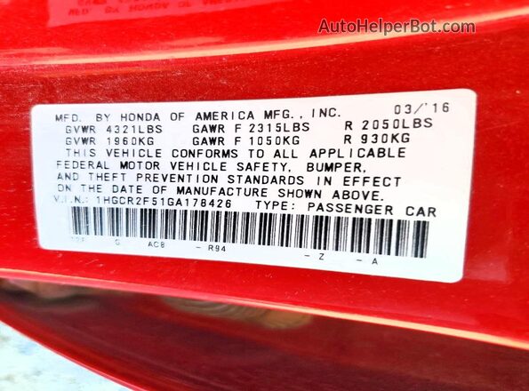 1HGCR2F51GA178426 2016 HONDA ACCORD Red Engine compartment view