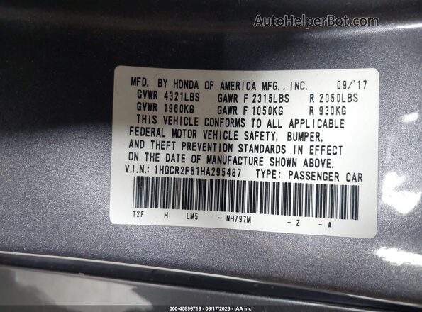 1HGCR2F51HA295487 2017 HONDA ACCORD Gray Շարժիչի բաժամունքի տեսք