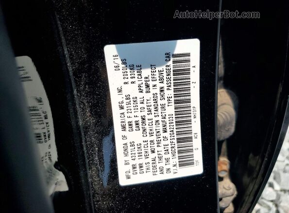 1HGCR2F52GA229030 2016 HONDA ACCORD Черный Вид подкапотного пространства