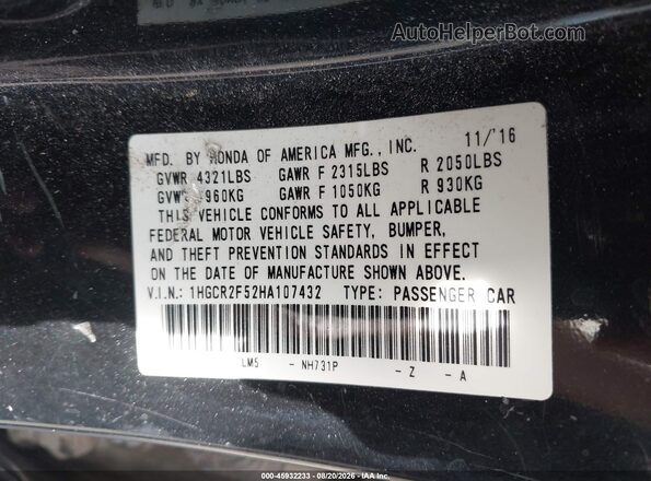 1HGCR2F52HA107432 2017 HONDA ACCORD Black Engine compartment view