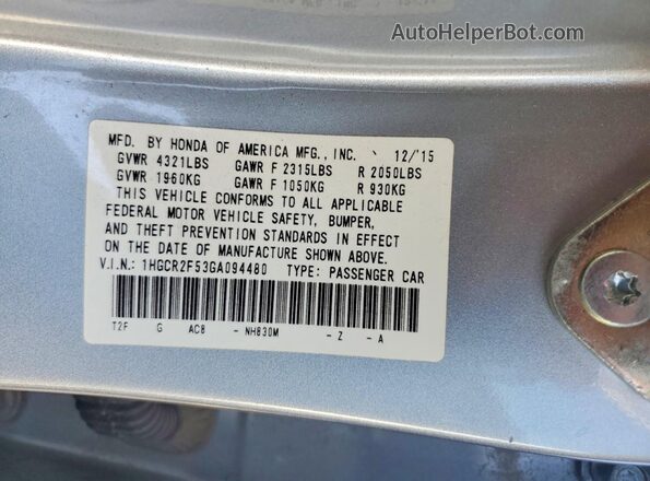 1HGCR2F53GA094480 2016 HONDA ACCORD Silver Vista del compartimento del motor