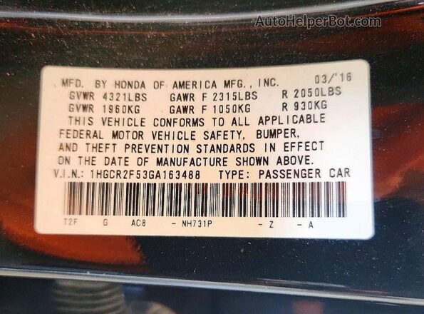 1HGCR2F53GA163488 2016 HONDA ACCORD Black Vista de la etiqueta del VIN