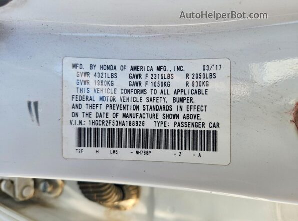 1HGCR2F53HA188926 2017 HONDA ACCORD Белый Вид подкапотного пространства